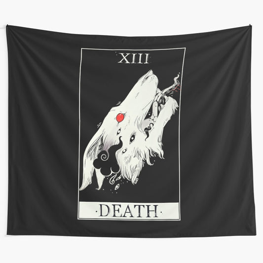 Death tarot card wolf art tapestry with creepy occult and gothic elements