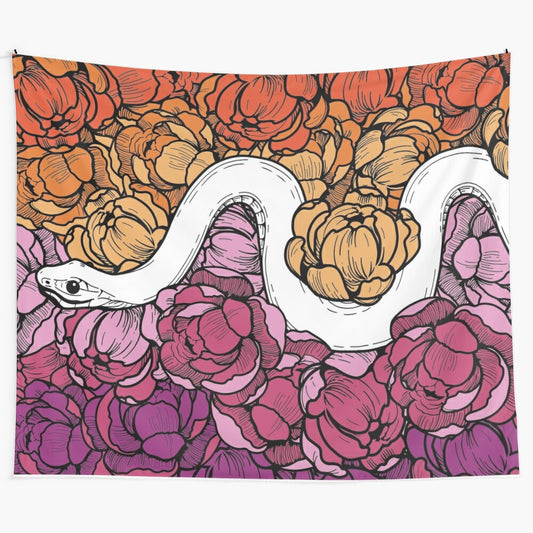 Floral snake tapestry in lesbian pride colors featuring flowers and nature elements