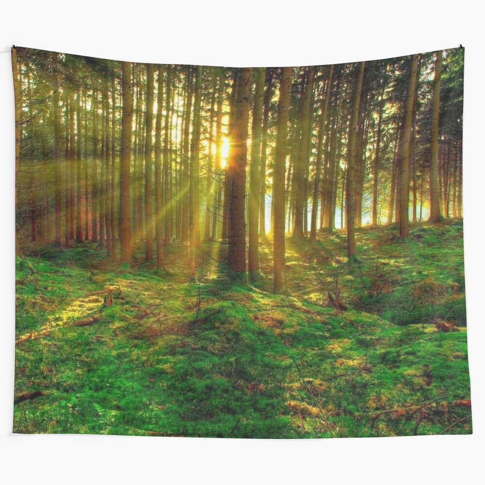 Forest Sunrise Tapestry featuring a serene waterfall scene in a lush, forested setting