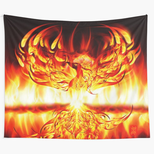 Vibrant phoenix rising tapestry wall art with flames and mythological elements