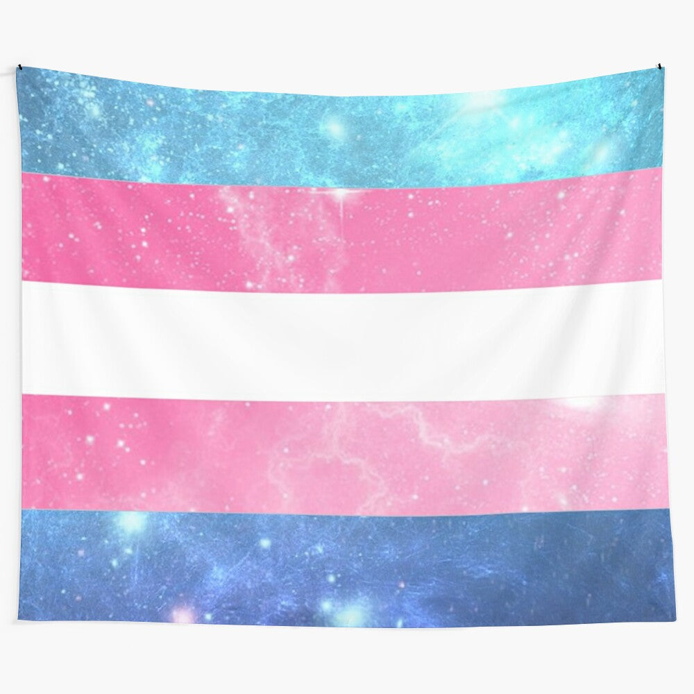 Vibrant transgender pride flag galaxy tapestry with cosmic swirls and stars