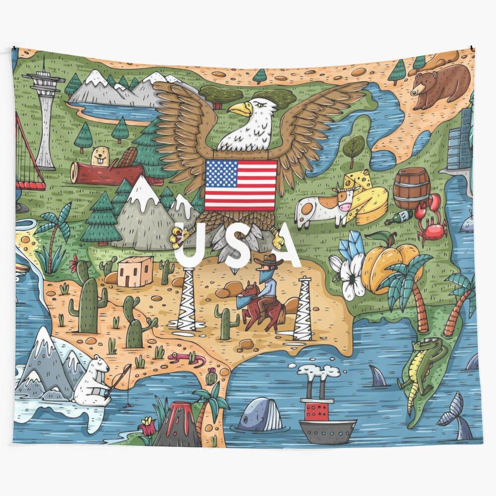 Whimsical hand-drawn cartoon map of the USA featuring popular landmarks and places of interest