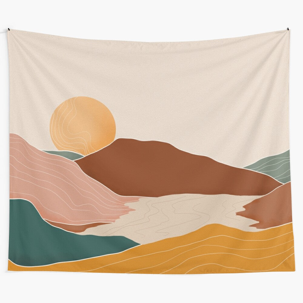 Earthy abstract tapestry featuring modern geometric mountain landscape with sun, sunset, and sunrise colors