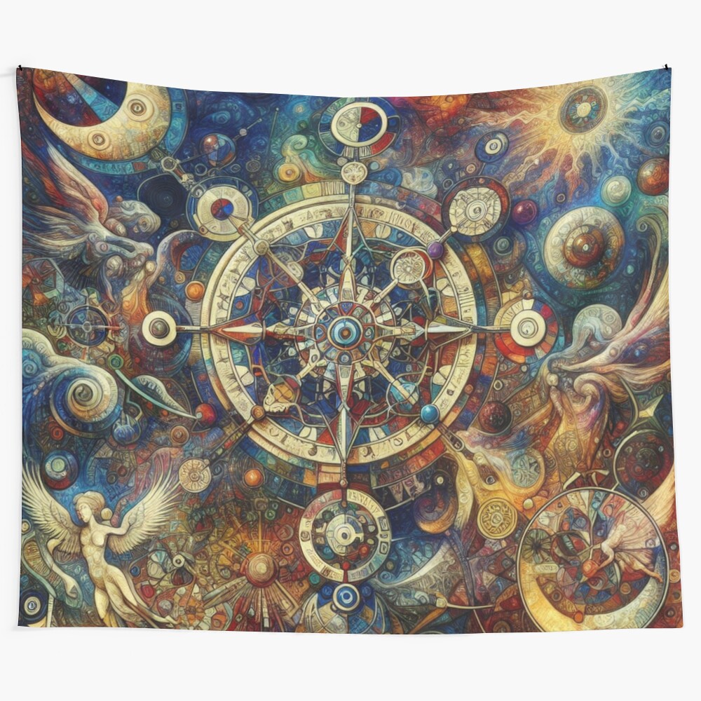 Psychedelic tapestry featuring surreal and trippy art inspired by the visionary paintings of Hieronymus Bosch