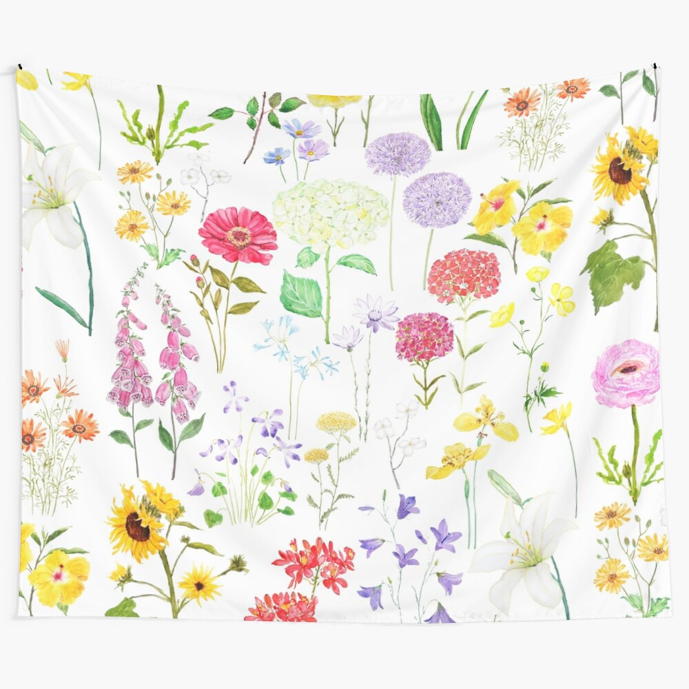 Colorful botanical flowers tapestry featuring watercolor painting of lilies, sunflowers, and other spring florals