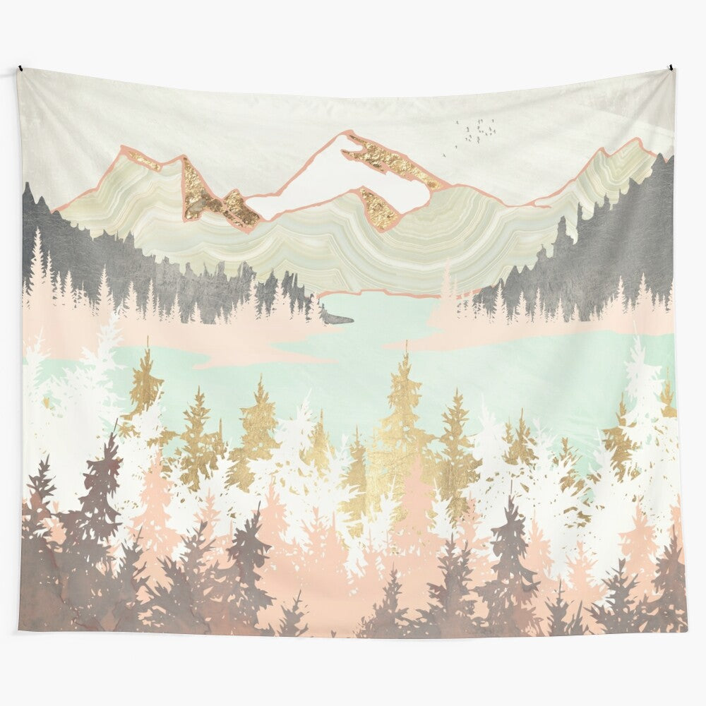 Winter bay tapestry featuring a serene landscape with trees, mountains, and a lake