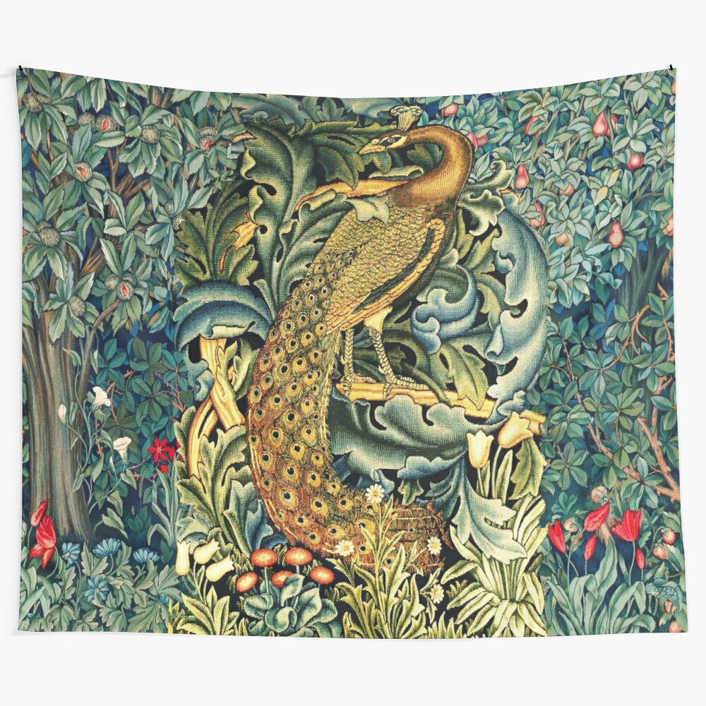 Vibrant green floral tapestry featuring a peacock, acanthus leaves, and woodland elements