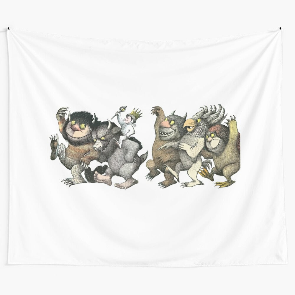 Where the Wild Things Are inspired graphic tapestry featuring playful monsters