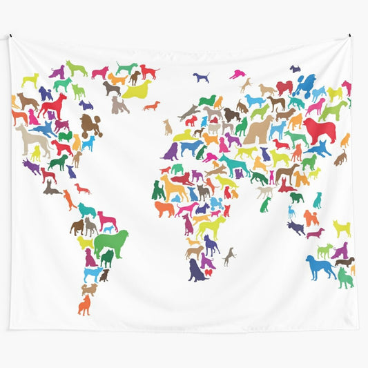 Vintage-inspired dogs world map tapestry featuring a detailed cartography design with dog silhouettes