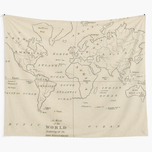 Vintage-inspired world map tapestry featuring an antique cartographic design