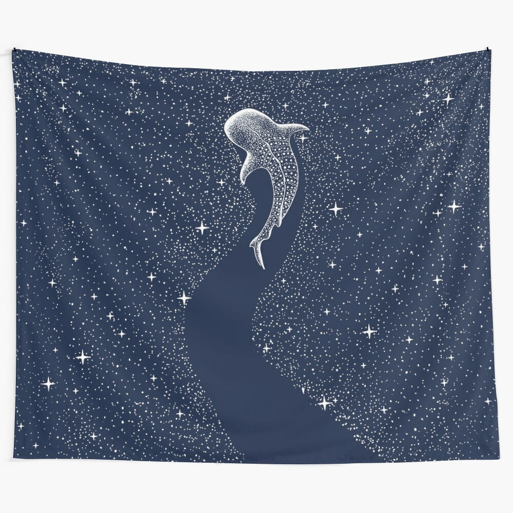 Enchanting tapestry featuring a whale shark swimming amidst a starry galaxy