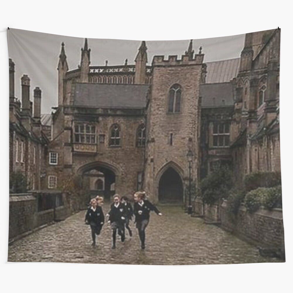 Vintage-style tapestry featuring a dark academia, grunge aesthetic with a church, school, and 90s vibe