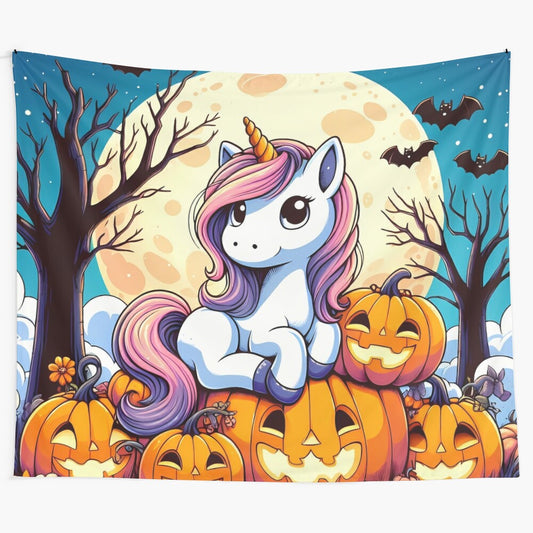 Enchanting tapestry featuring a unicorn in a spooky pumpkin patch with full moon, bats, and magical creatures