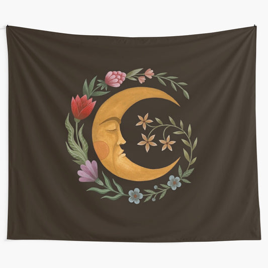 Midsummer Moon Tapestry depicting a crescent moon and night blooming flowers