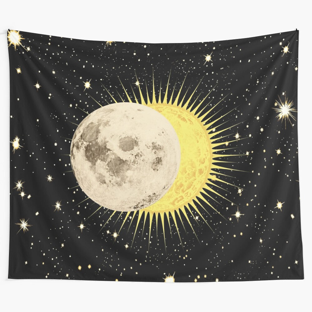 Celestial tapestry featuring a solar eclipse, moon, and stars against a dark galaxy backdrop