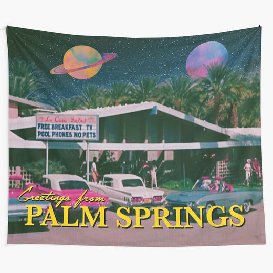 Vintage-inspired Palm Springs tapestry with surreal, pop culture-inspired design