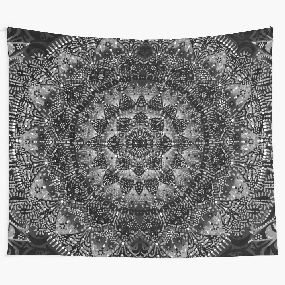 Abstract black and white mandala tapestry with dot pattern design