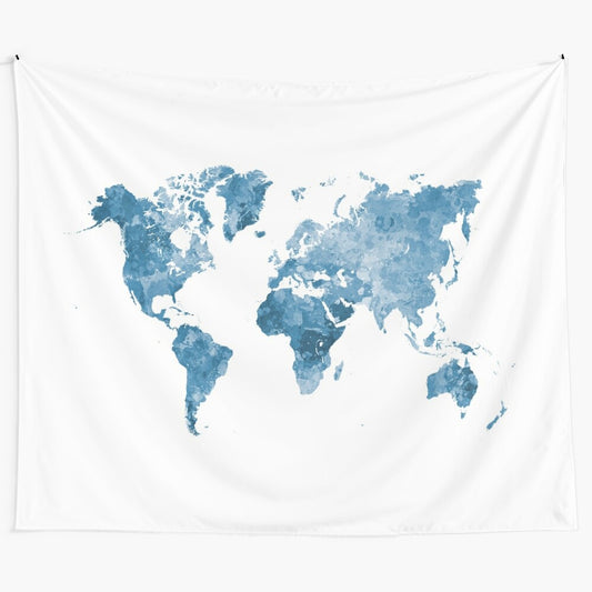 Watercolor blue world map tapestry for home decor