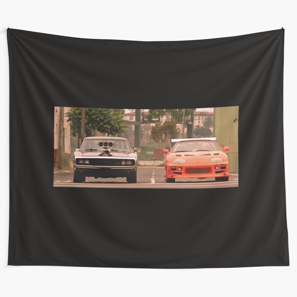 Fast and Furious inspired tapestry featuring tuner cars and racing