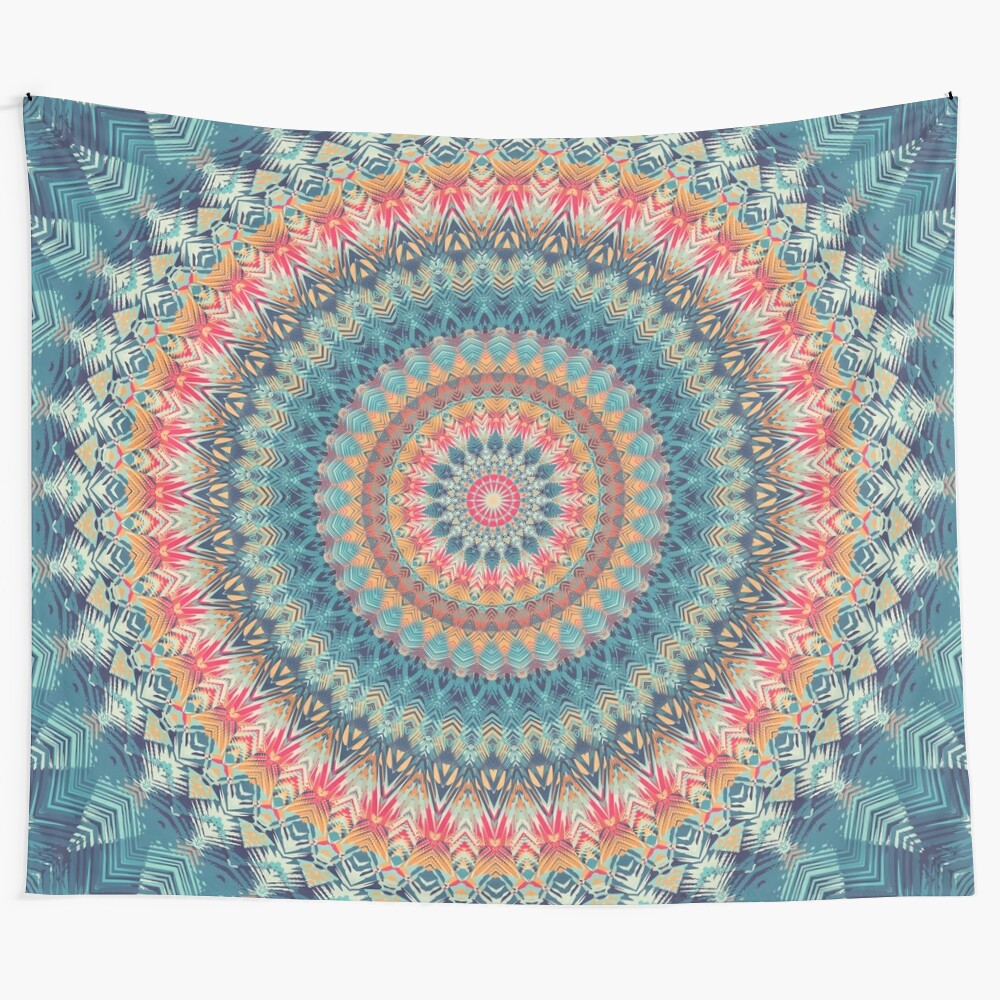 Colorful mandala tapestry featuring sacred geometry and floral patterns