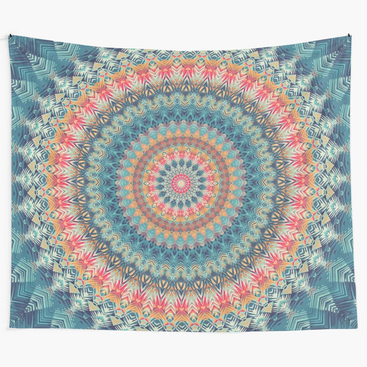 Colorful mandala tapestry featuring sacred geometry and floral patterns