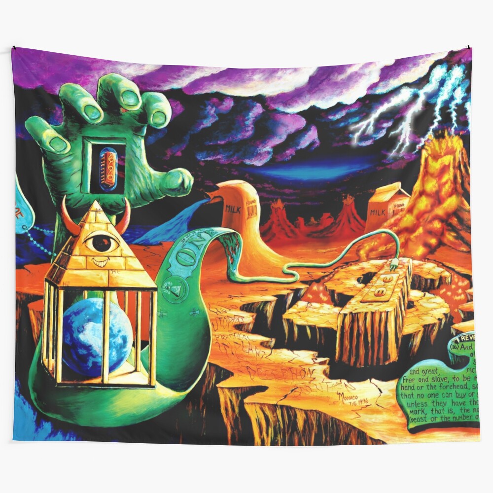 Psychedelic tapestry with surreal, trippy, and hippie-inspired design for blacklight display