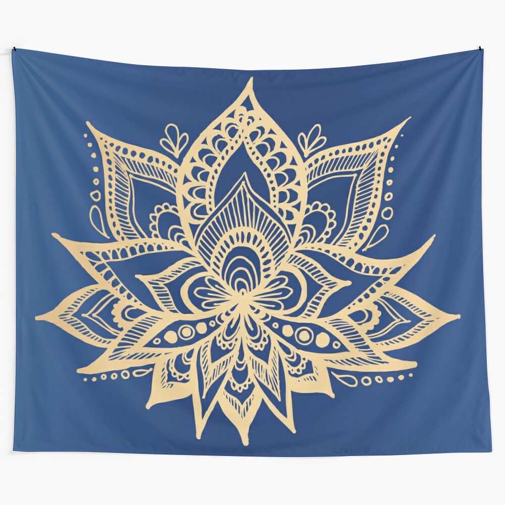 Gold and blue lotus flower mandala tapestry