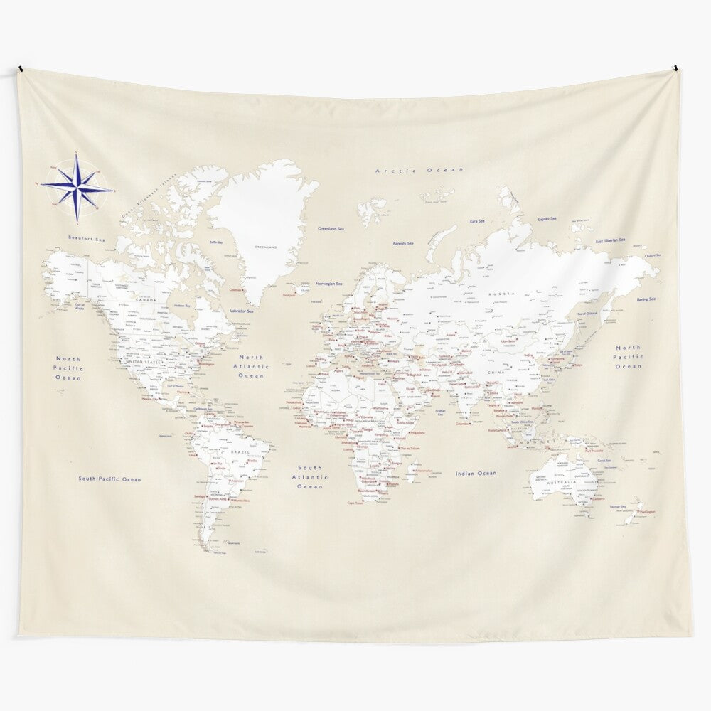 Vintage-style world map tapestry with detailed cities and landforms in cream, navy blue, and red colors