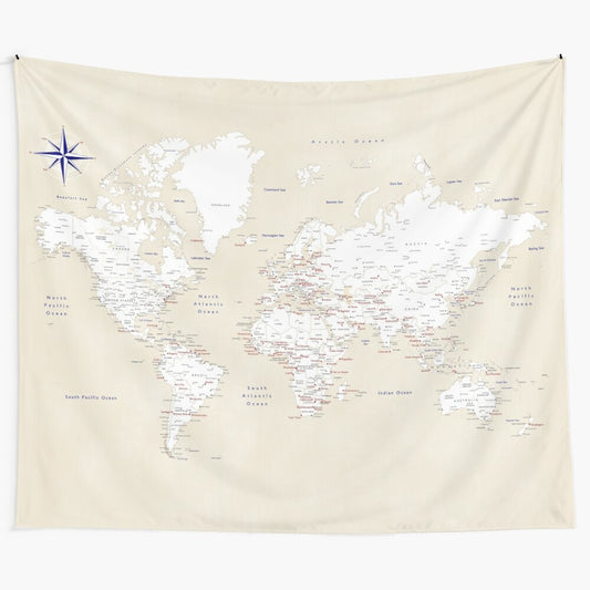 Vintage-style world map tapestry with detailed cities and landforms in cream, navy blue, and red colors