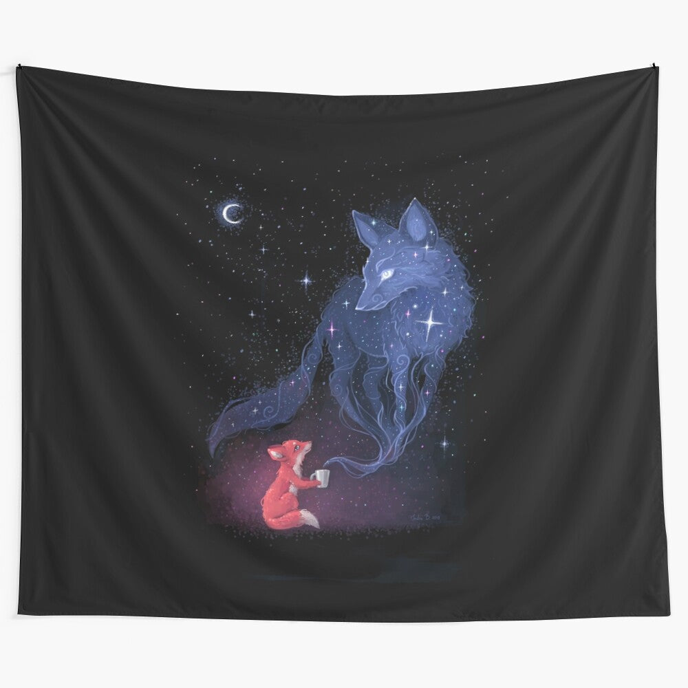 Whimsical celestial tapestry featuring a cute cosmic fox in a starry night sky