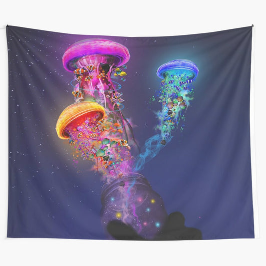 Colorful tapestry depicting electric jellyfish floating in a night sky