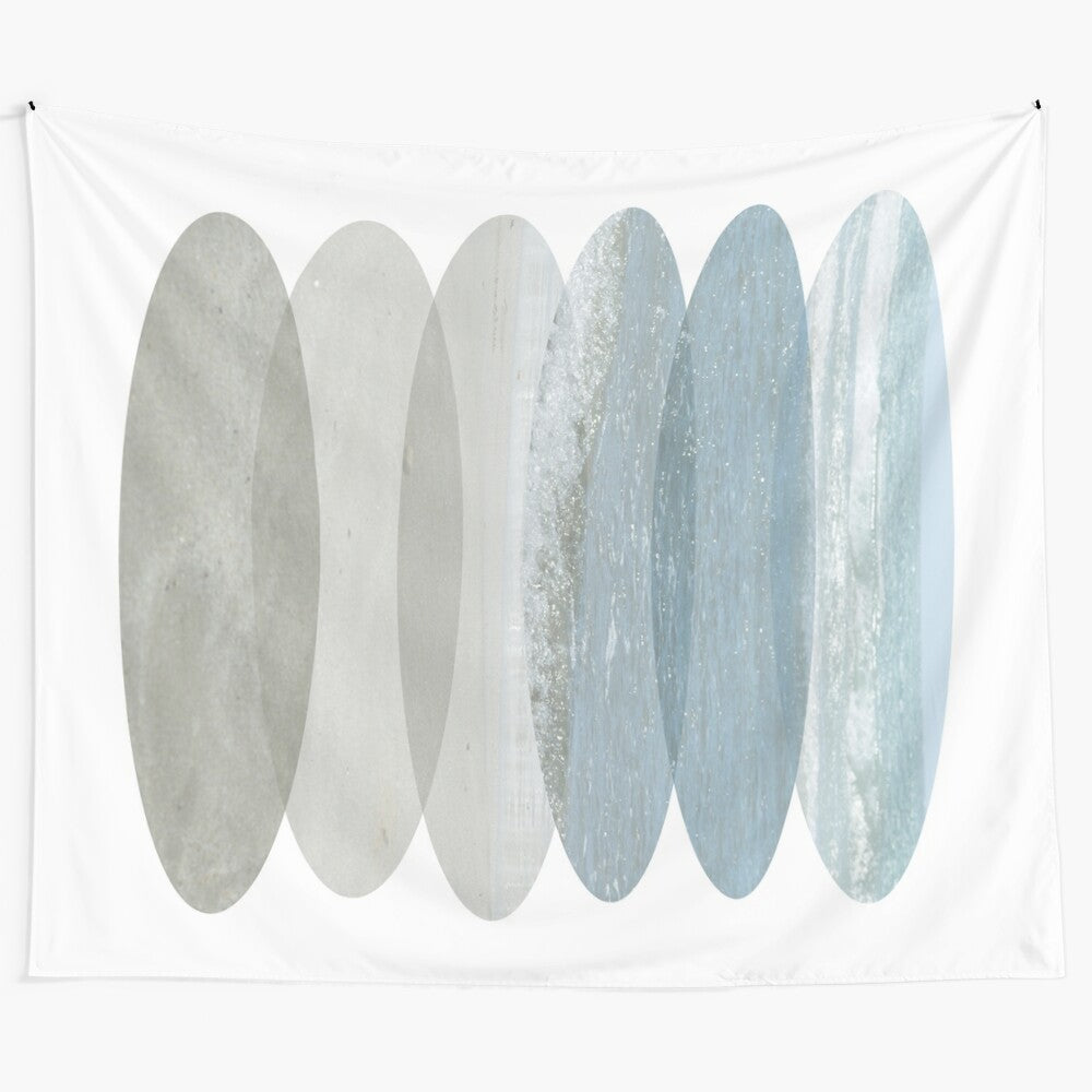 Artistic beach-themed abstract wall tapestry with collage of shapes and textures