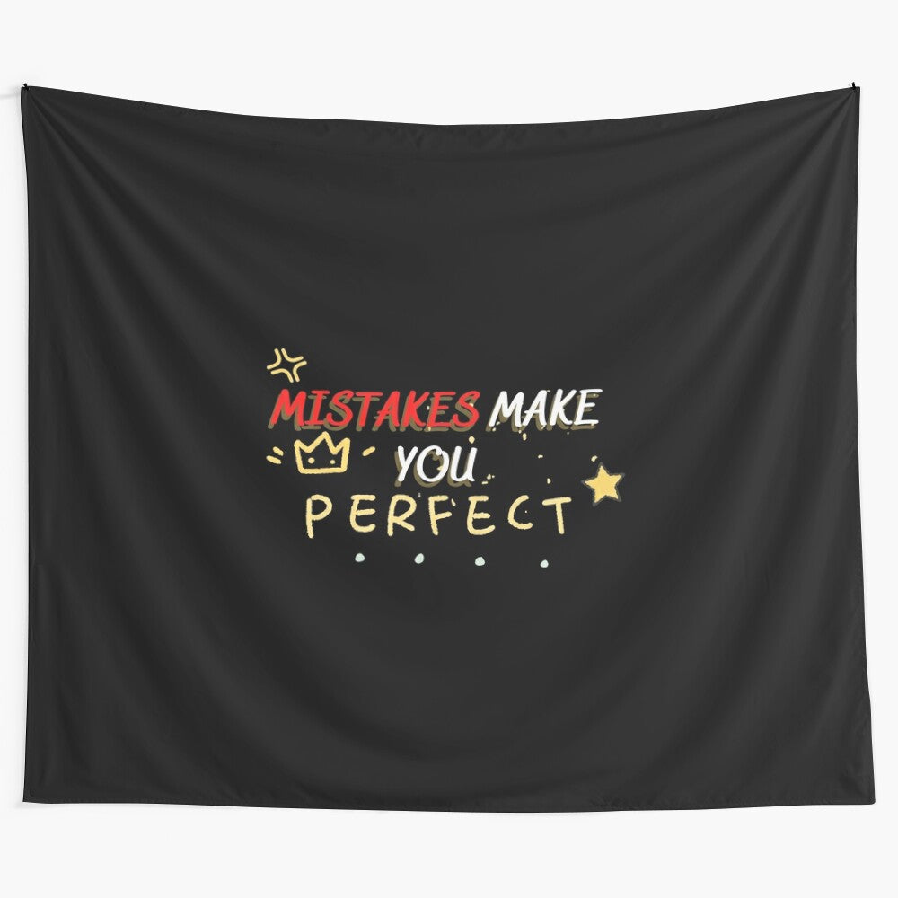 'Mistakes Make You Perfect' inspirational tapestry with black, yellow, and gold color scheme