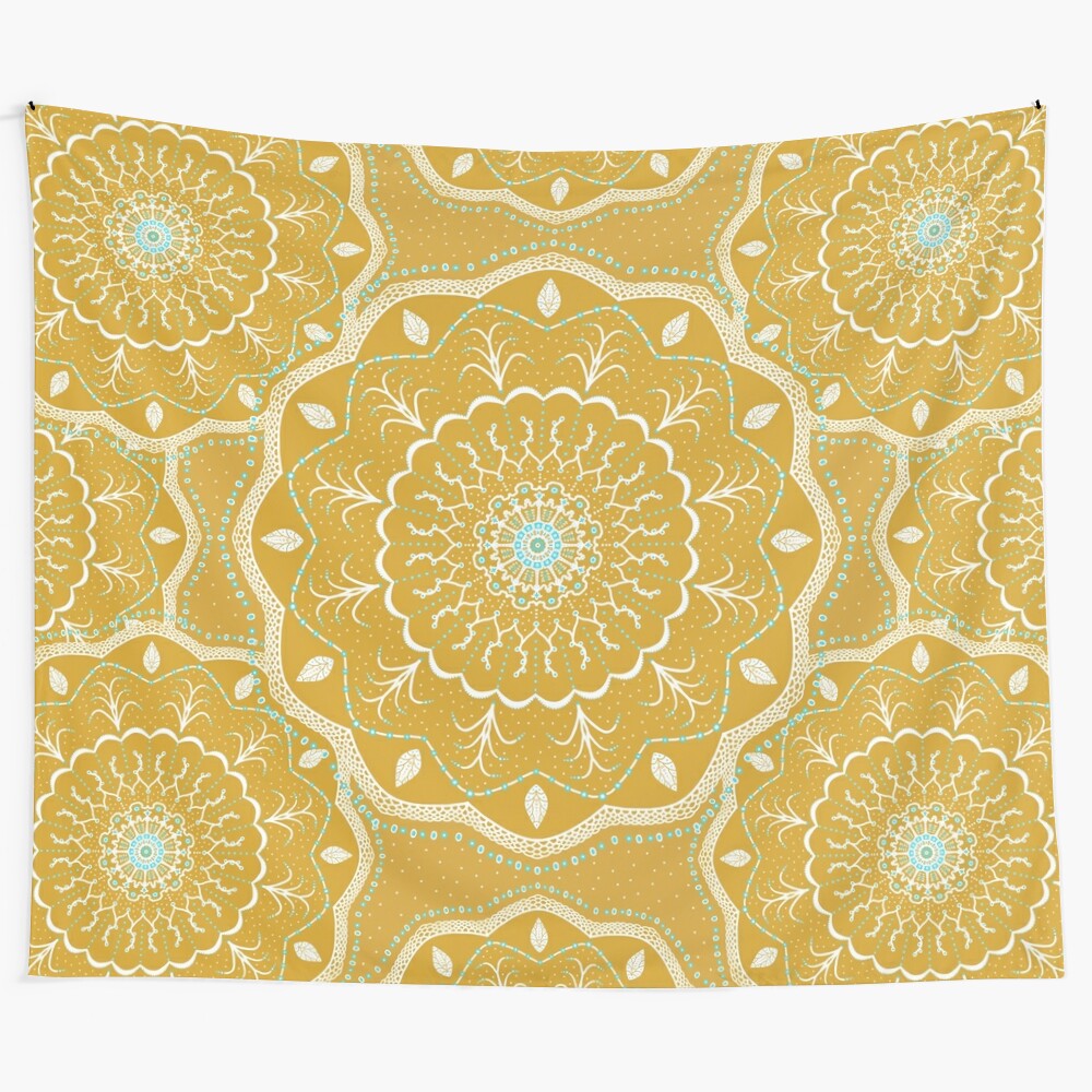 Yellow mandala design tapestry for boho home decor