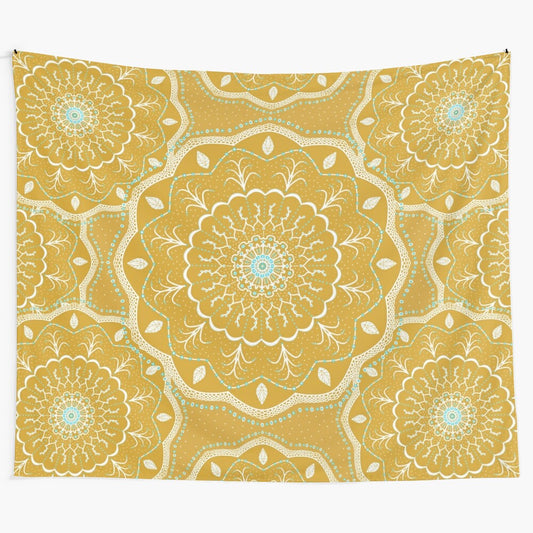 Yellow mandala design tapestry for boho home decor