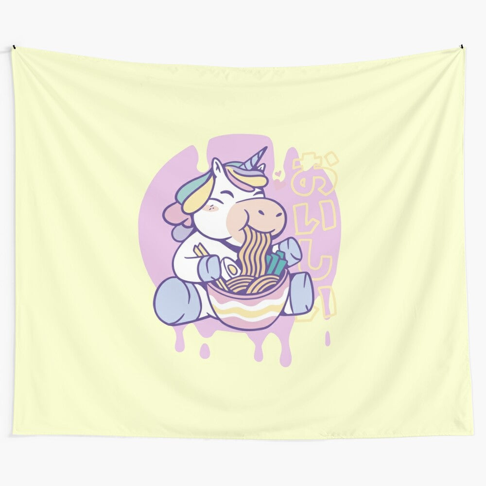 Charming illustration of a kawaii unicorn happily eating ramen noodles