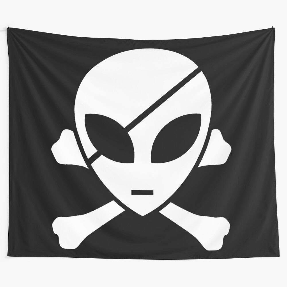 Cosmic Pirate Skull Tapestry featuring a trippy alien skull and crossbones design