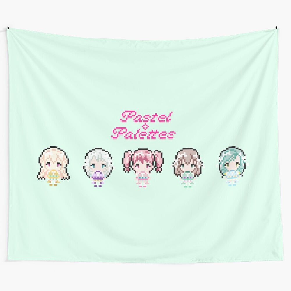 Colorful pixel art tapestry featuring the Pastel Palettes band from the Bang Dream! anime series