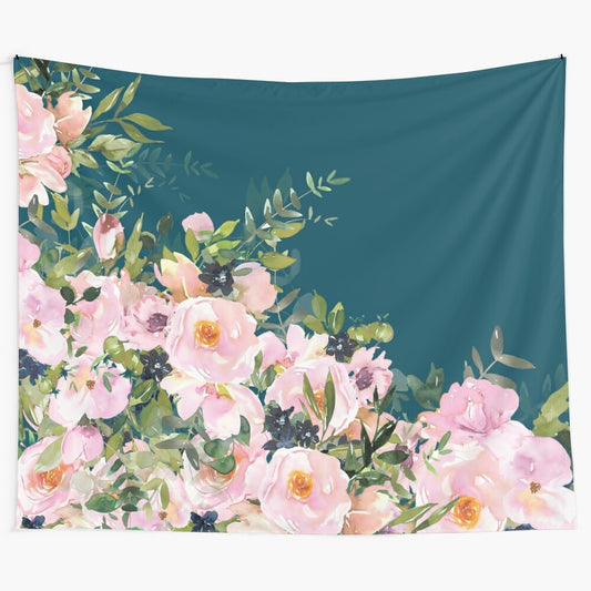 Boho chic floral watercolor roses tapestry in teal and pink