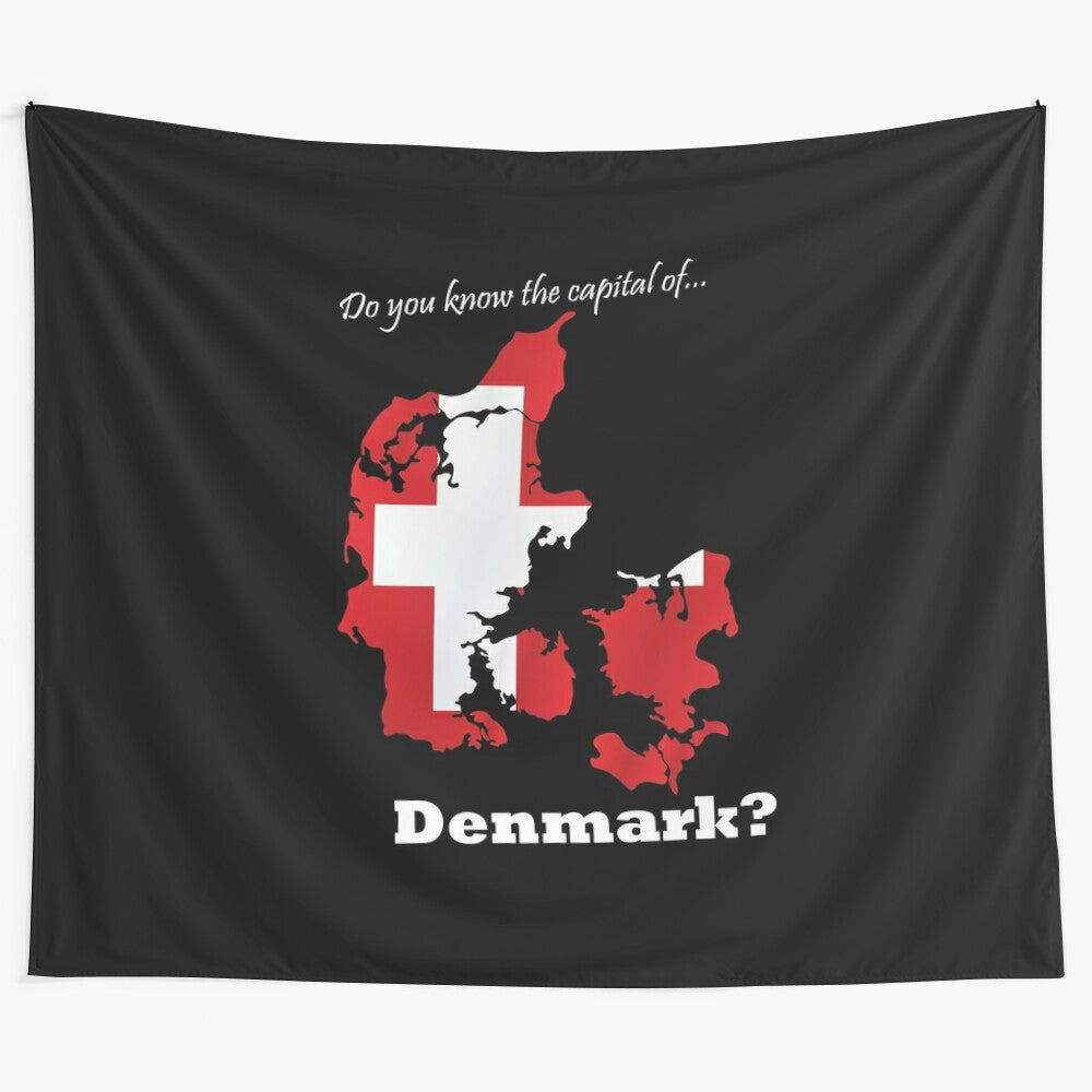 Tapestry t-shirt featuring a map of Denmark and the question "Do you know the capital of Denmark?"