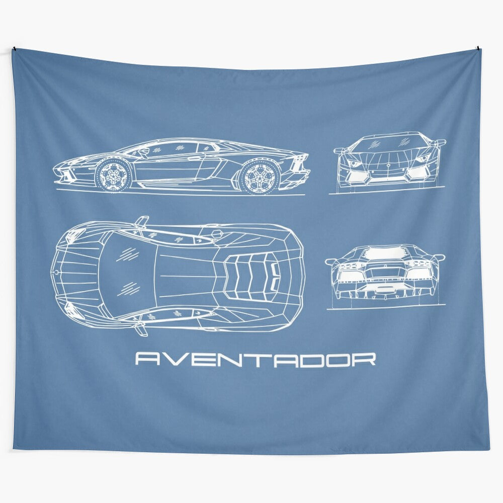 Aventador blueprint tapestry showcasing the iconic supercar's design