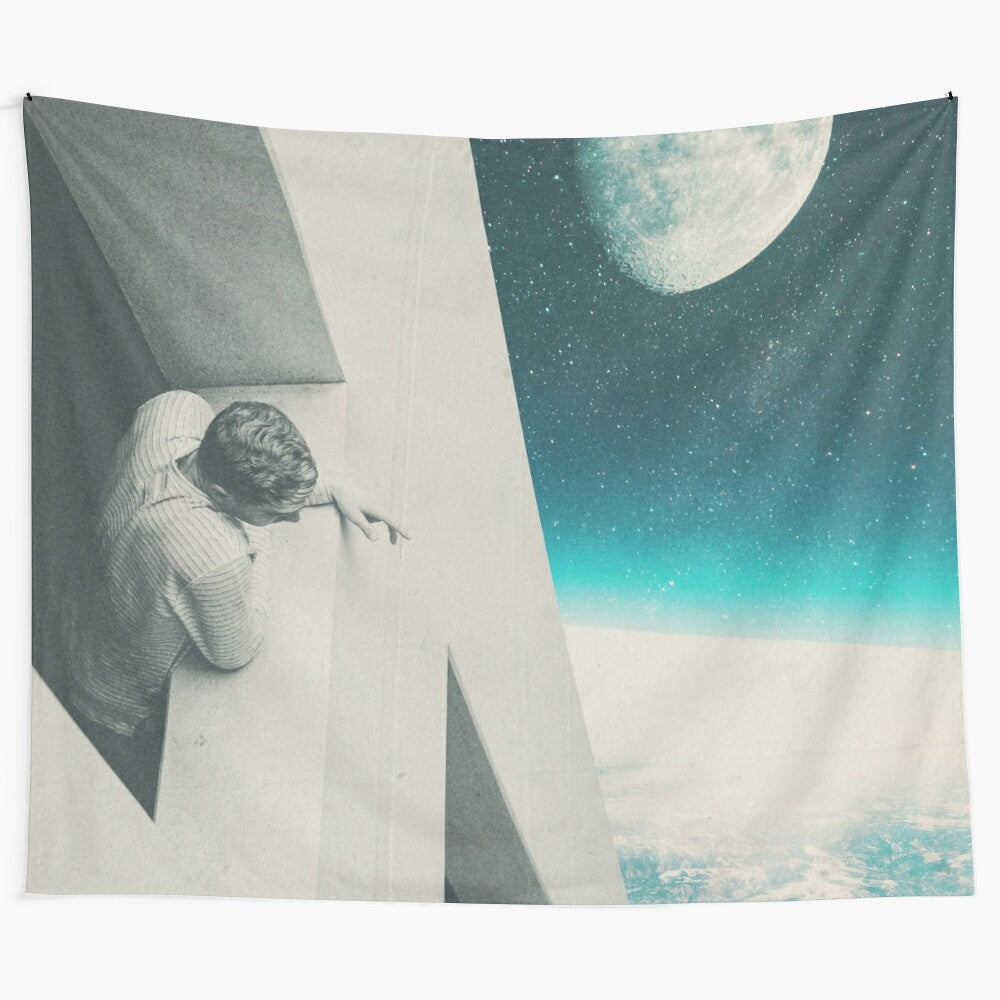 A surreal digital collage tapestry depicting a solitary man in a minimalist, cosmic landscape.