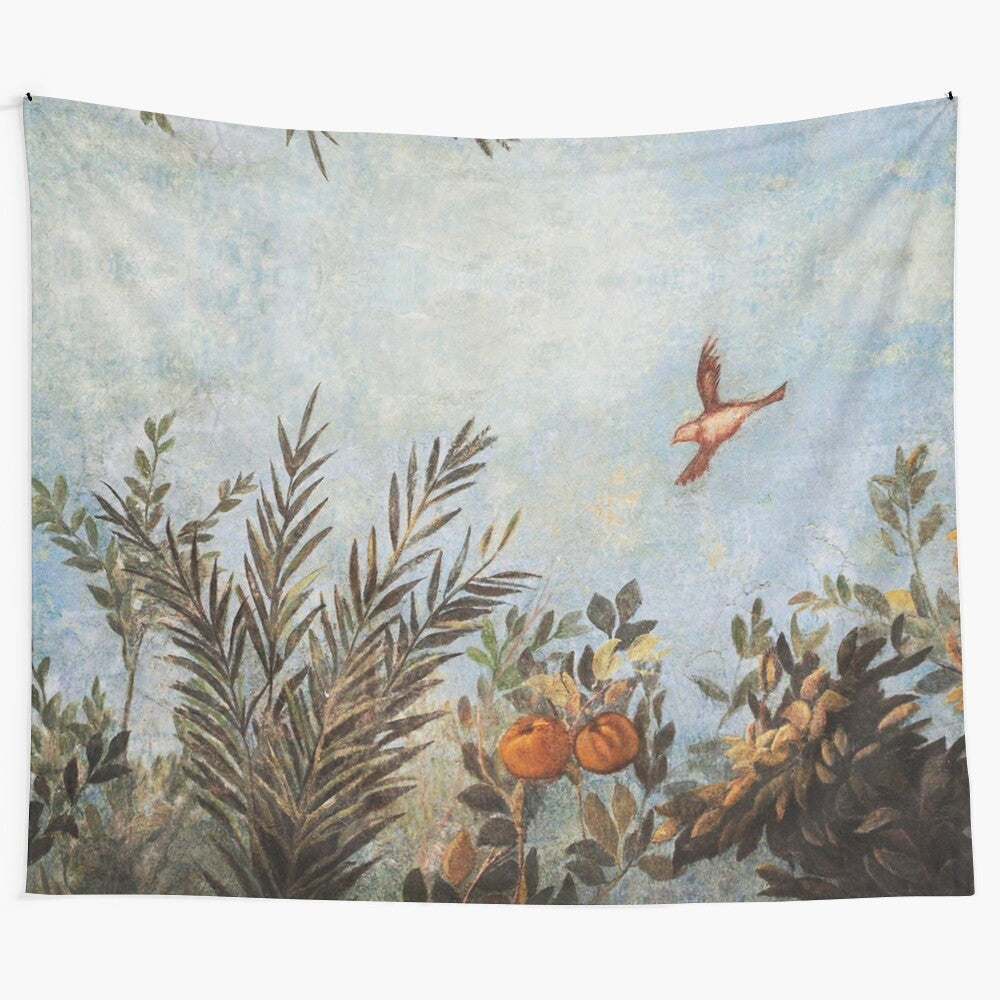 Antique-style Roman wall paintings tapestry featuring a flying bird, blue sky, and botanical elements