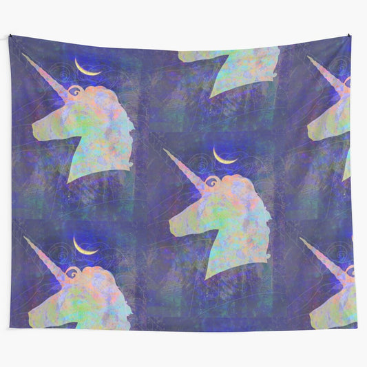 Magical unicorn silhouette against a crescent moon in a tapestry design