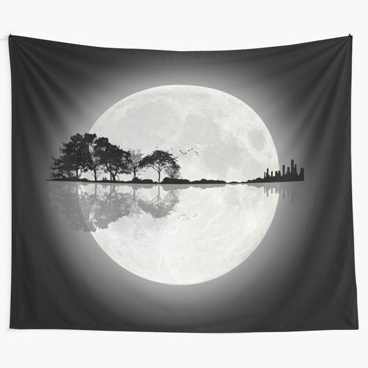 Moonlight nature guitar tapestry wall art featuring a silhouette of a guitar against a night sky with stars and a full moon reflection on water