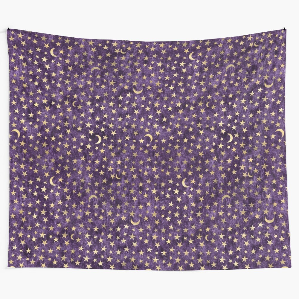 Celestial boho-style tapestry with vibrant stars, moon and galaxy designs