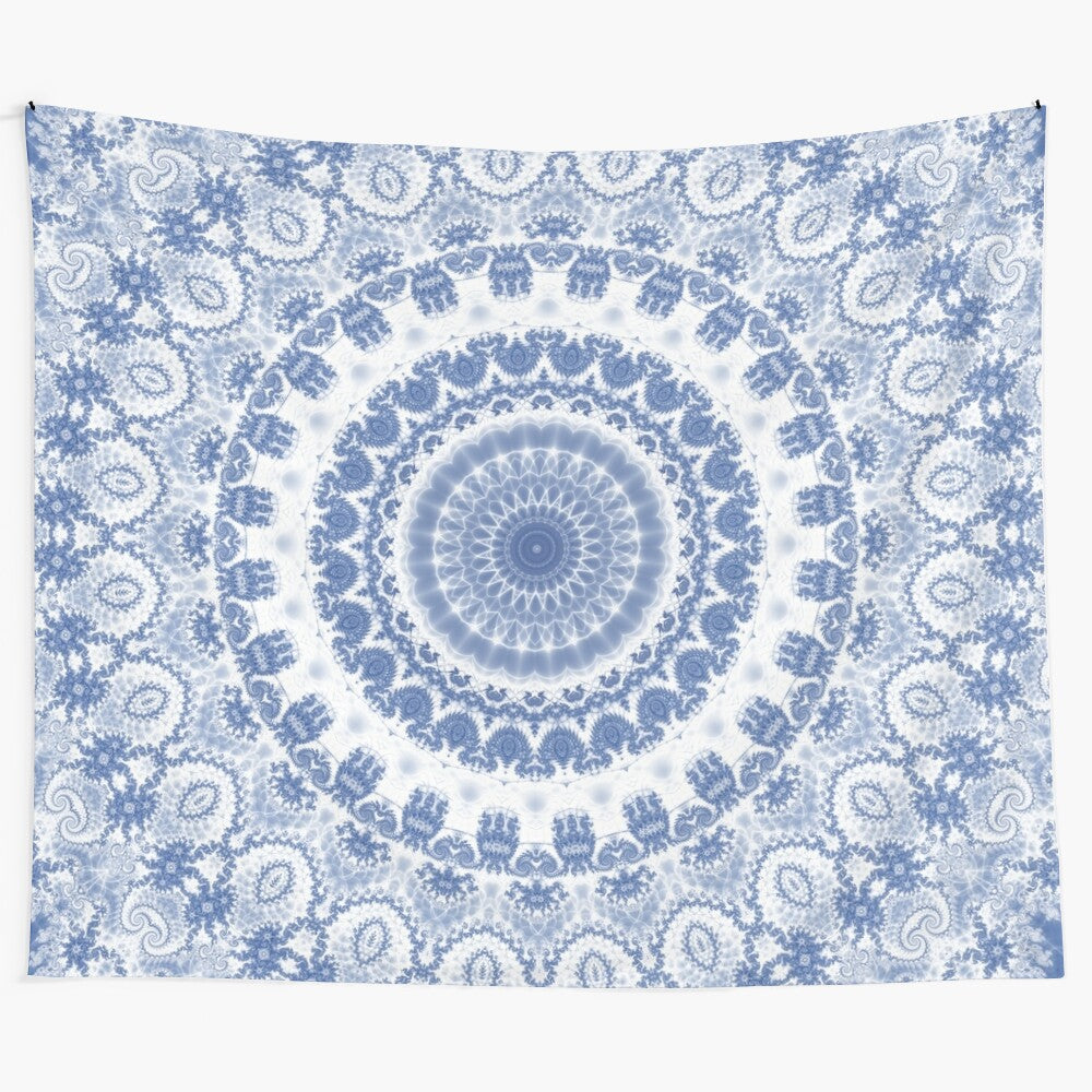 Blue and white fractal mandala tapestry with kaleidoscopic design