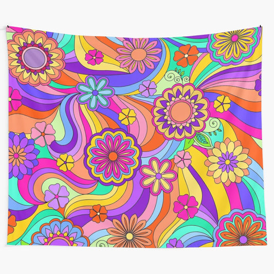 Vibrant psychedelic flower power tapestry with colorful floral swirls and stripes