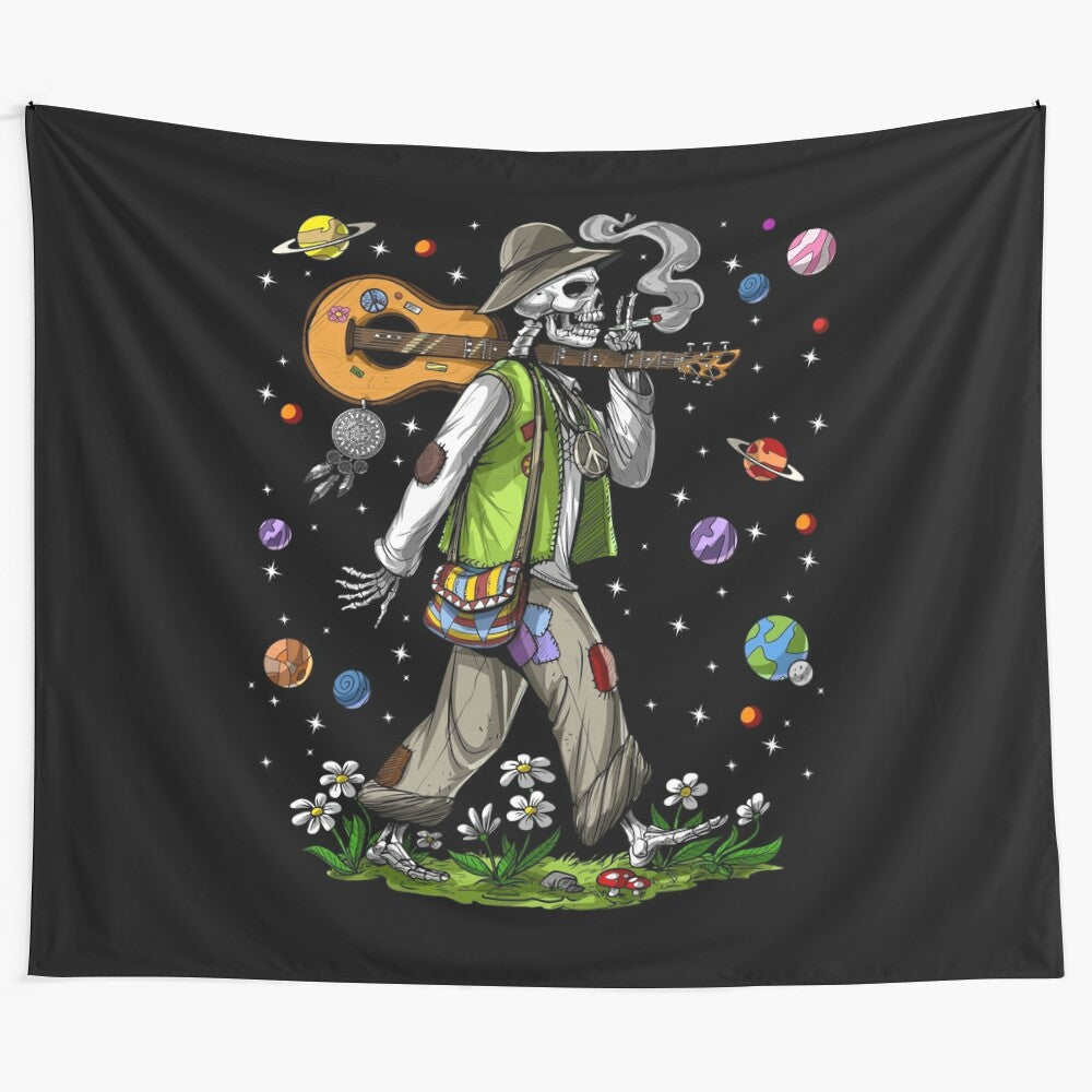 Skeleton Hippie Stoner Tapestry with Psychedelic Cannabis and Acoustic Guitar