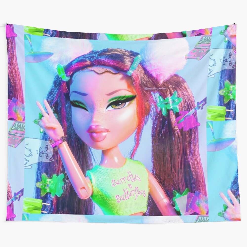 Colorful tapestry featuring a Bratz-inspired meme design with neon rainbow and lime elements